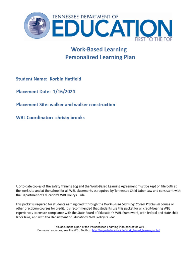 Work-Based Learning Personalized Plan | PDF | Experience | Learning