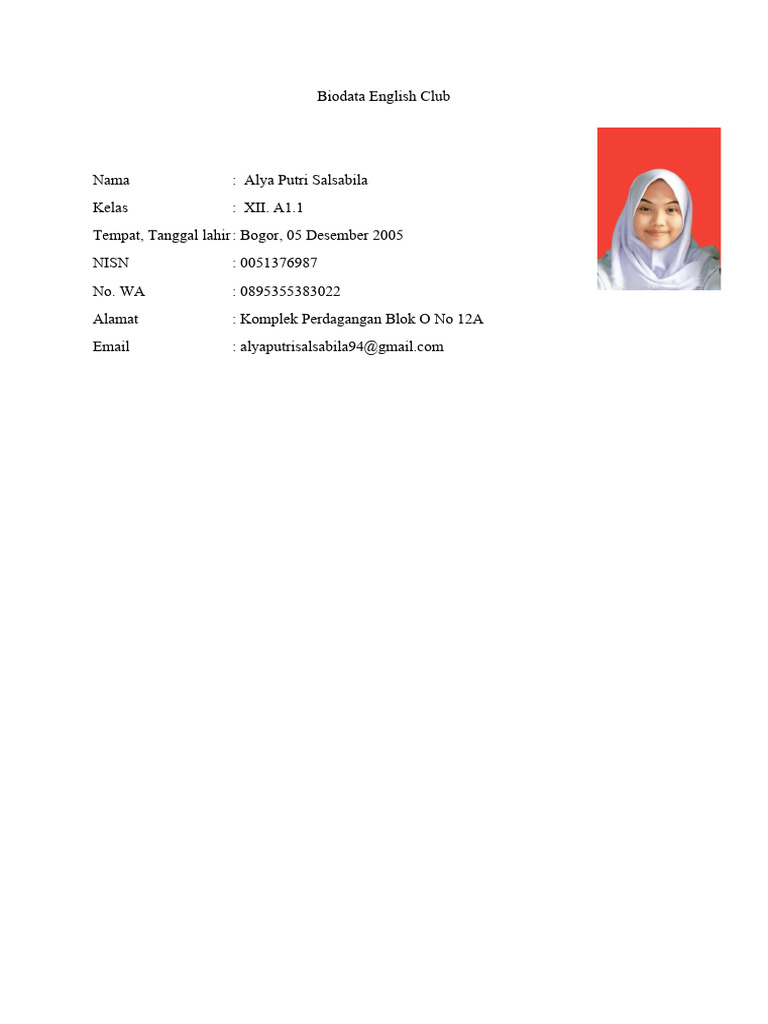Biodata Anggota English Club Alya | PDF