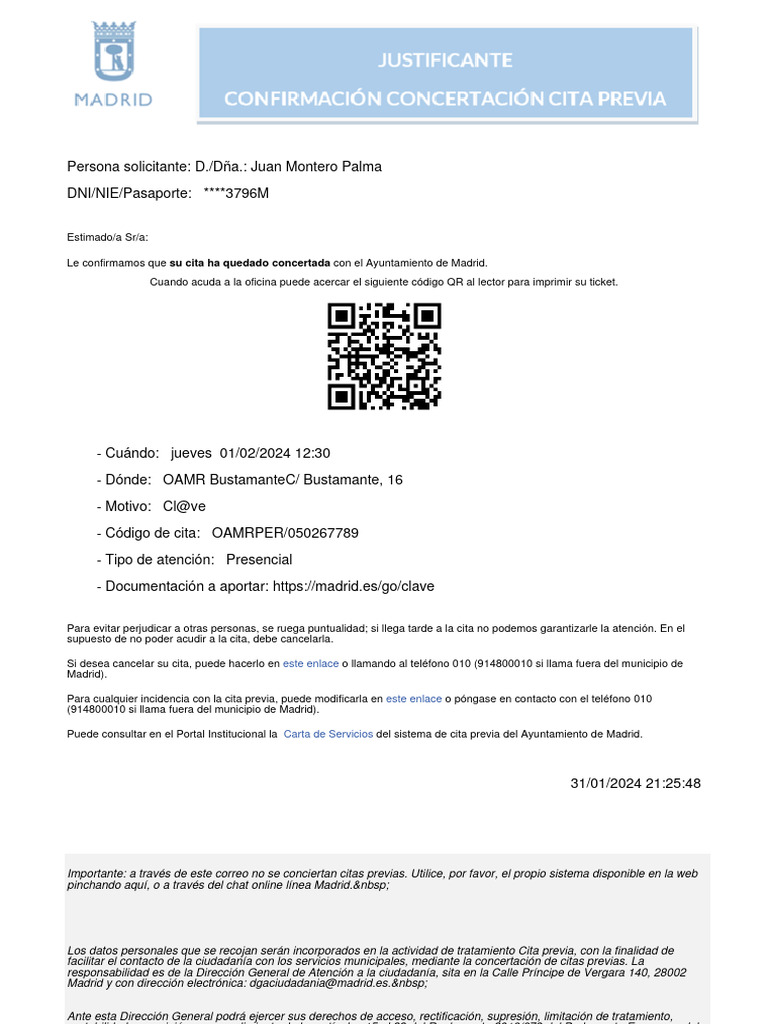 Justificante de cita en Madrid | PDF
