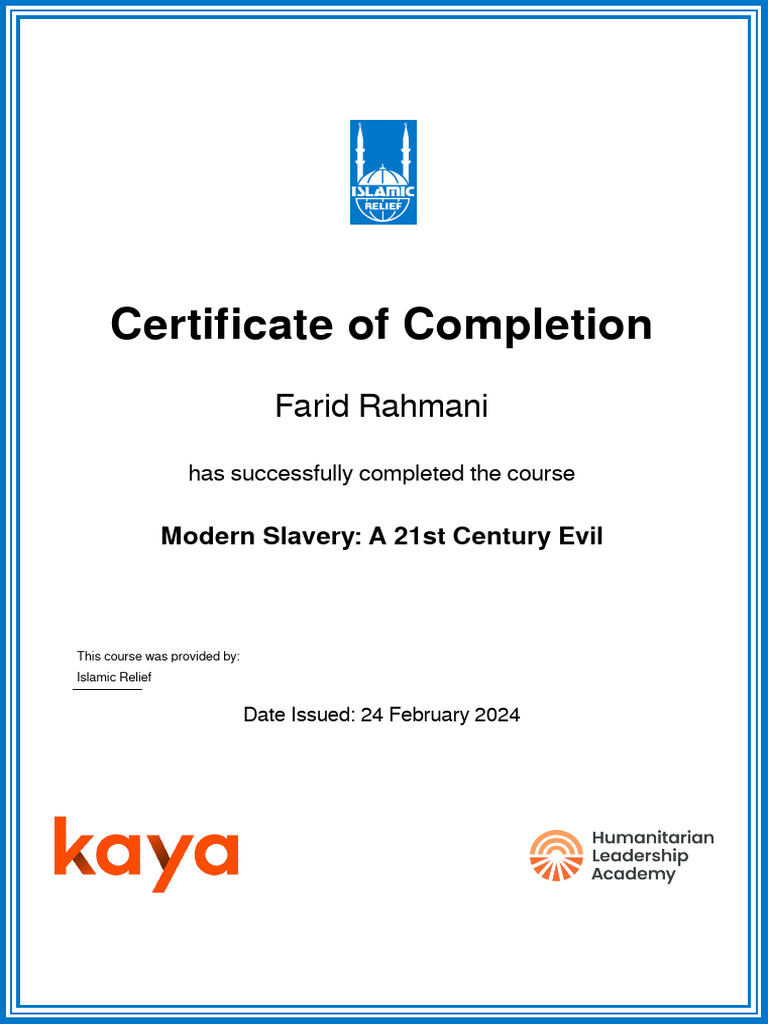 Modern Slavery V10 Completion Certificate Pdf Farid Rahmani PDF