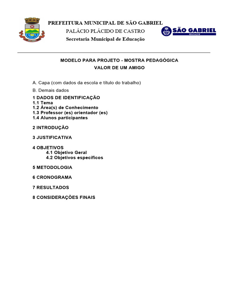 Modelo para Projeto - Mostra Pedagogica | PDF