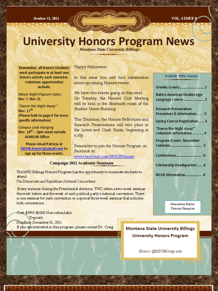 MSUB Honors Program October Newsletter | PDF | Cross Cultural ...