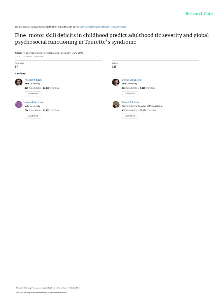 FineMotor Skill Deficits in Childhood Predict Adulthood Tic Severity