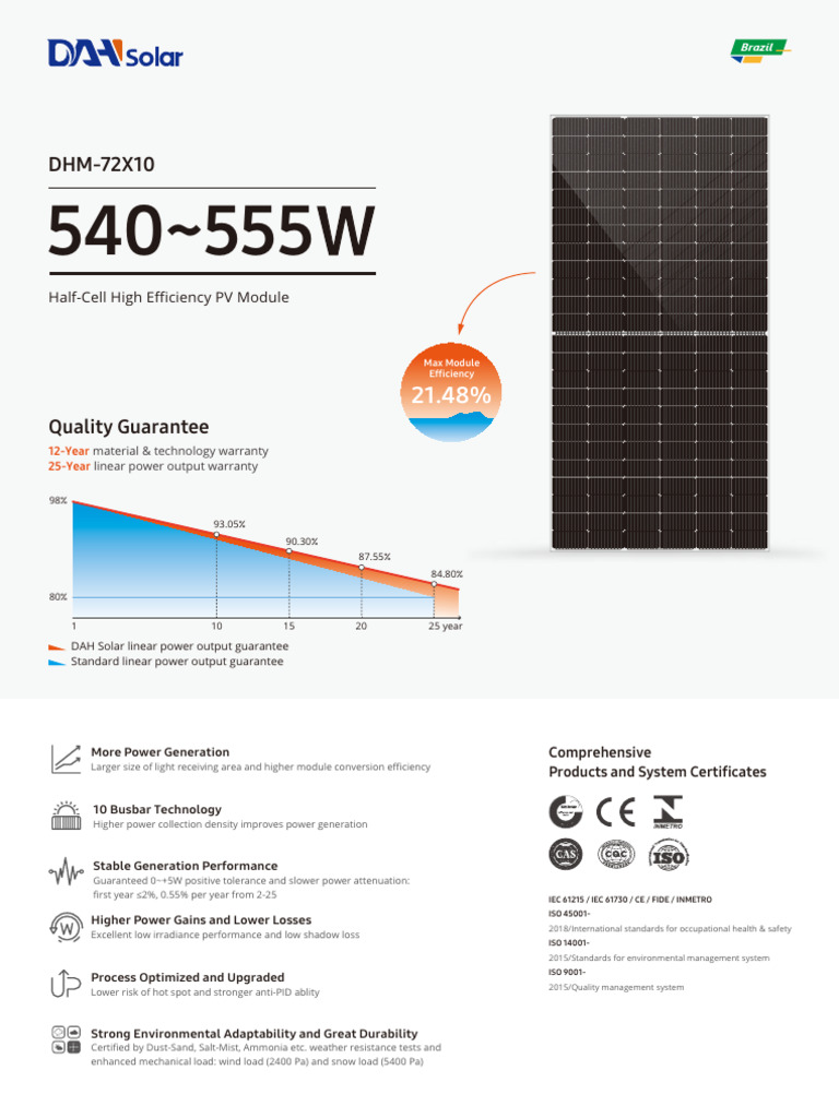 DHM-72X10 540-555W Module Specs | PDF | Solar Panel | Electricity