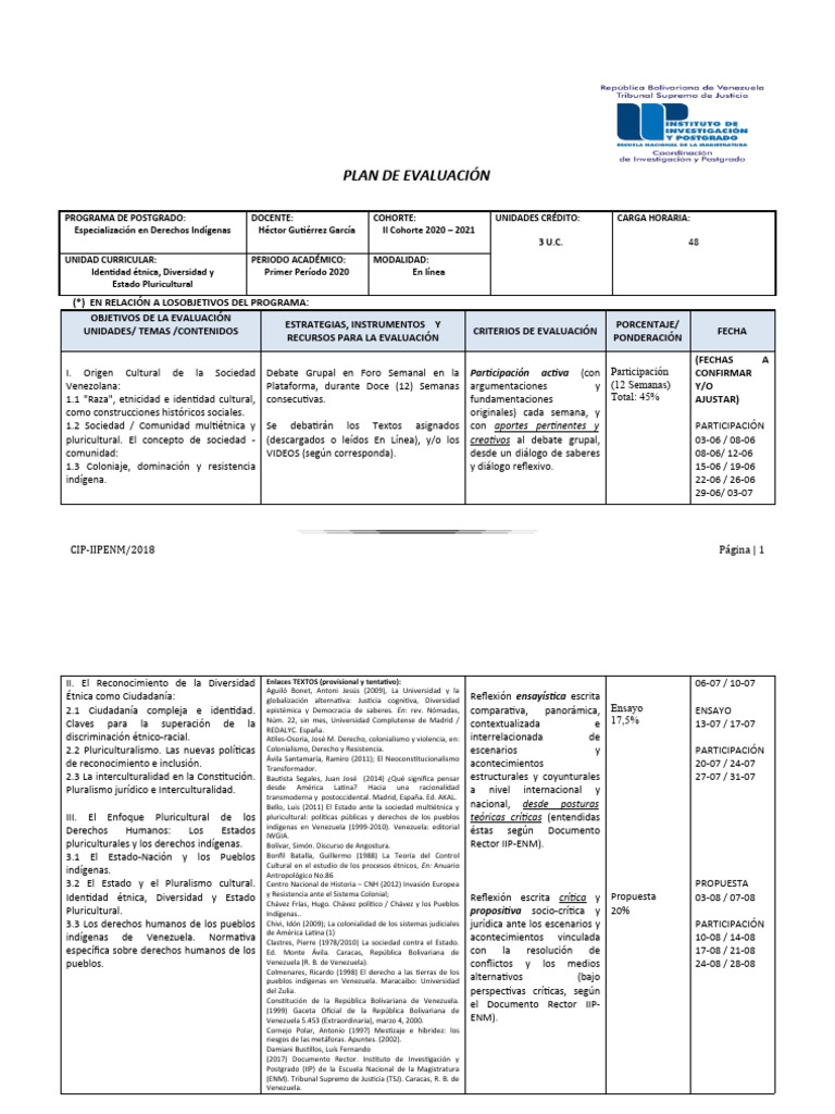 FORMATO DE PLAN y EVALUACIÓN 2020 | PDF