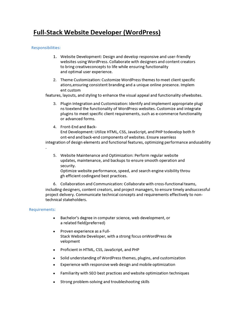 Full-Stack WordPress Developer Role | PDF | Word Press | Websites