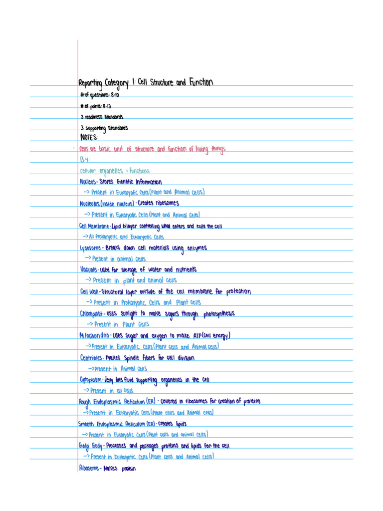 Category 1 - Cell Structure and Function Notes | PDF