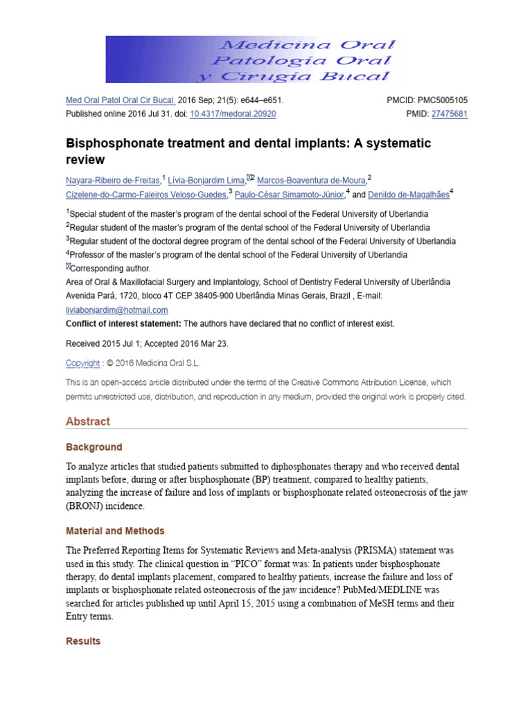 Bisphosphonate Treatment and Dental Implants - A Systematic Review ...
