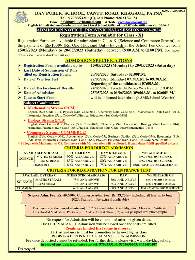 NoticeBoard - Admission Notification Class XI Session 2023-24 Final ...