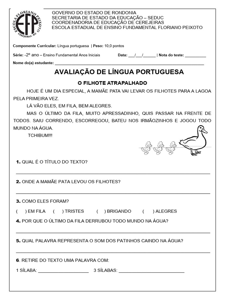 Avaliação de Língua Portuguesa 2º Ano | PDF