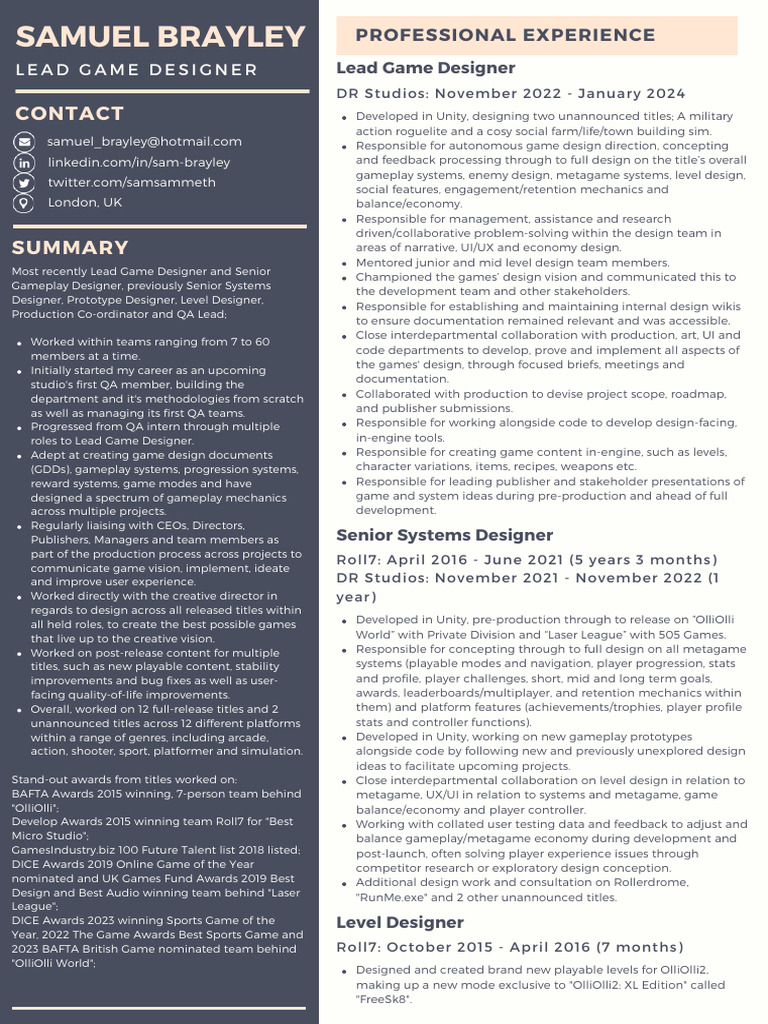 Lead Game Designer Experience Overview | PDF | Software Testing | Unity ...