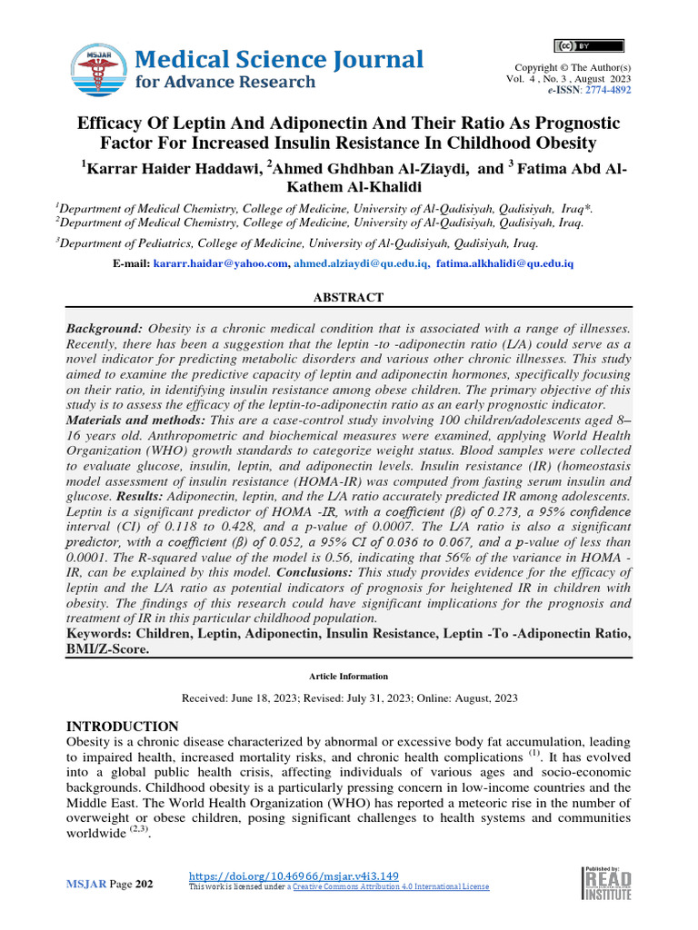 Efficacy of Leptin and Adiponectin For Increased Insulin Resistance in ...