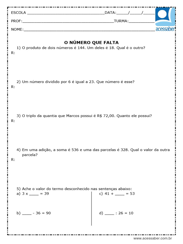 Atividade de Matematica o Numero Que Falta 4 Ano e 5 Ano | PDF