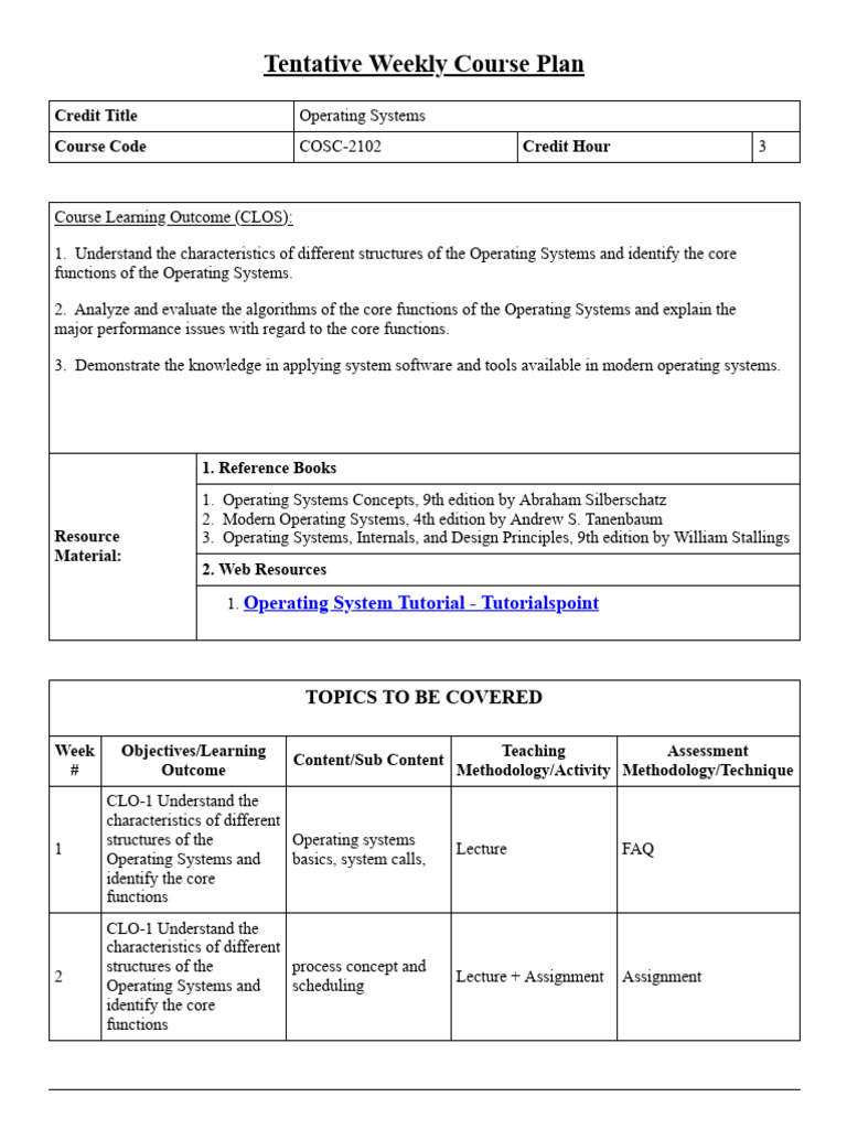 COSC-2102 Operating Systems Plan | PDF | Computer Science | Computing