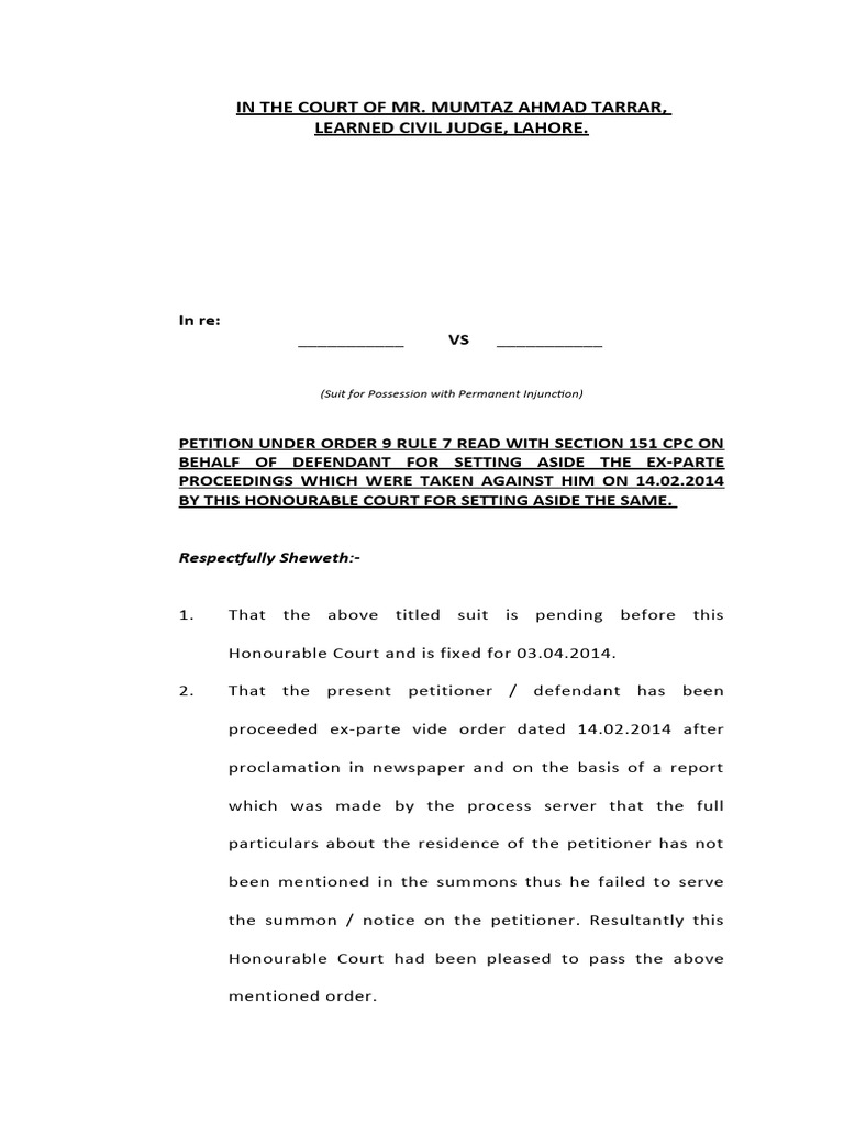 petition-under-order-9-rule-7-on-behalf-of-defendant-for-setting-aside