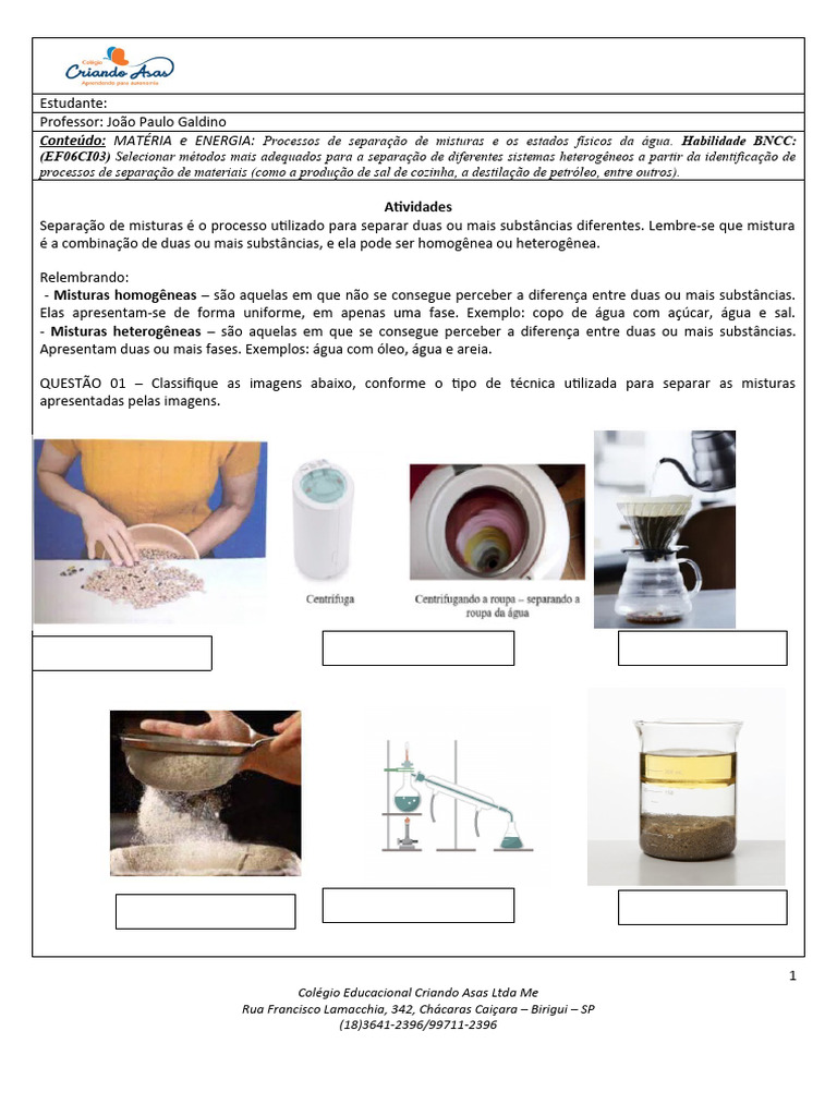 Atividade - Métodos de Separação de Misturas e Estados Físicos Da Água | PDF, image size:768x1024