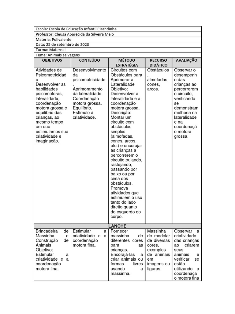 Plano de Aula - OK | Download grátis PDF | Pré-escola | Recreação