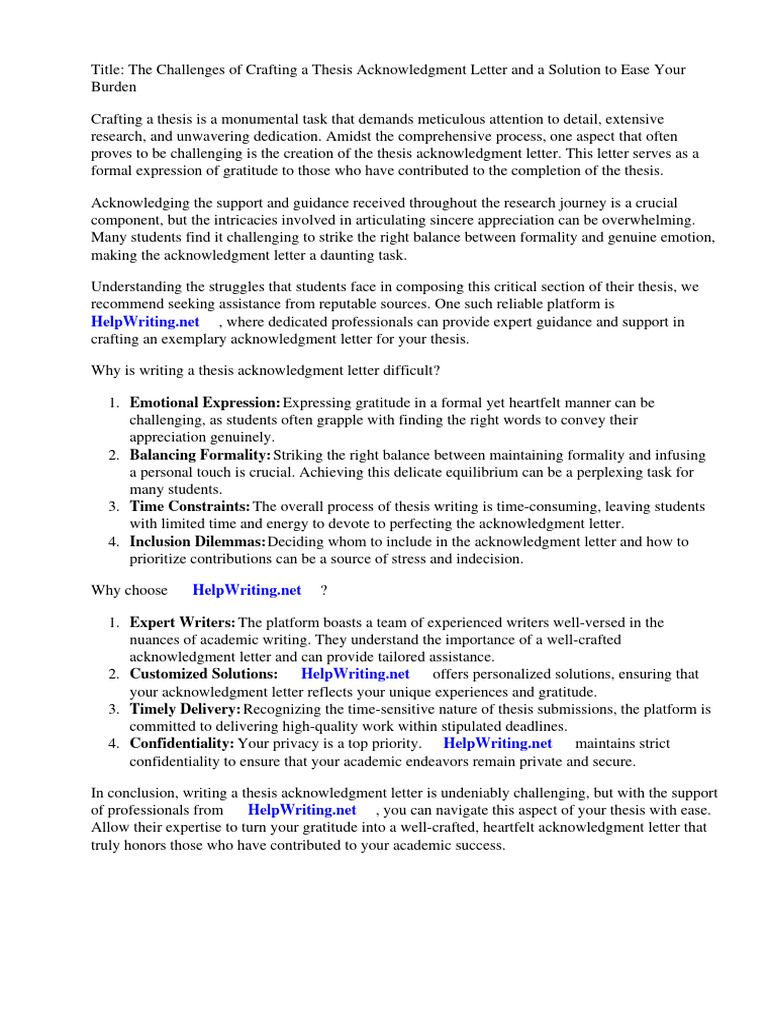 Acknowledgement Letter For Thesis Example PDF | PDF | Thesis | Gratitude