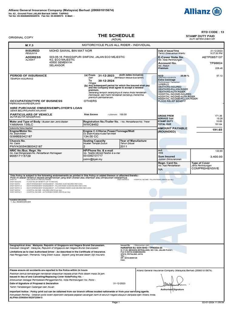 Allianz Motorcycle Insurance Policy Details | PDF | Insurance | Business