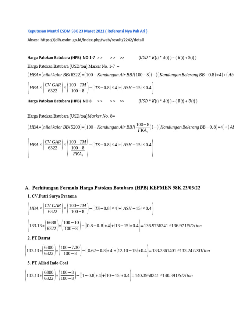 Rumus dan Perhitungan HPB Batubara | PDF