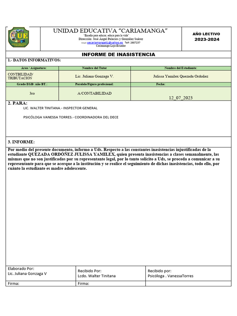 Informe de Inasistencia Estudiante 2023-2024 | PDF