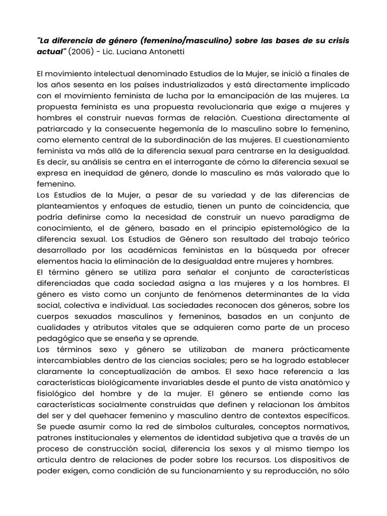 La Diferencia de Género (FemeninoMasculino) Sobre Las Bases de Su