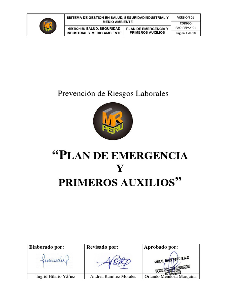 Plan de Emergencia y 1ros Auxilios MRP | PDF | Herida | Primeros auxilios