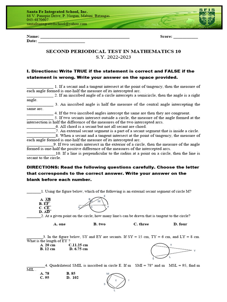 Math 10 Second Periodical Test 2022-2023 | PDF | Circle | Trigonometric ...