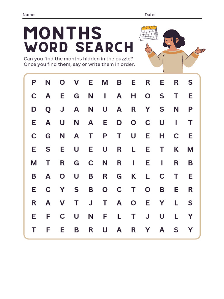 Months Word Search Worksheet In Colorful Simple Style | PDF