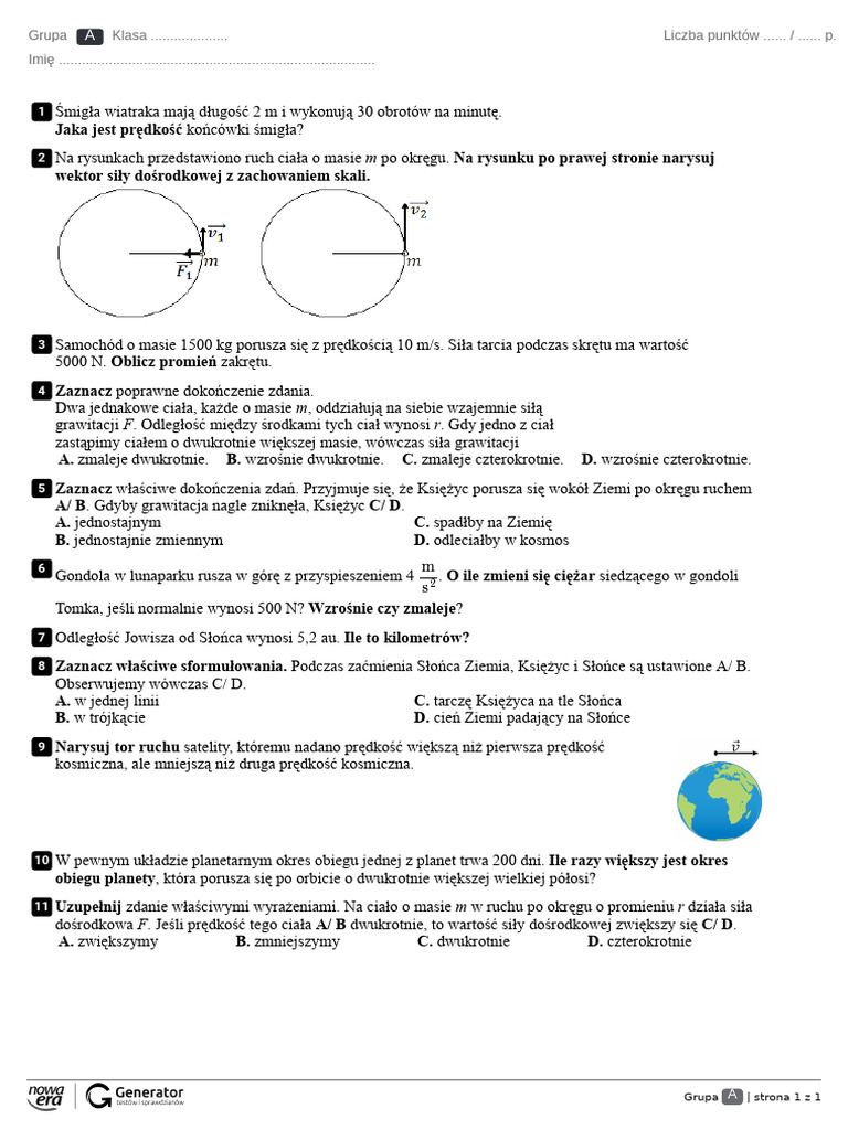 Ruch Po Okręgu I Grawitacja Test 2. Ruch po okręgu i grawitacja Test | PDF