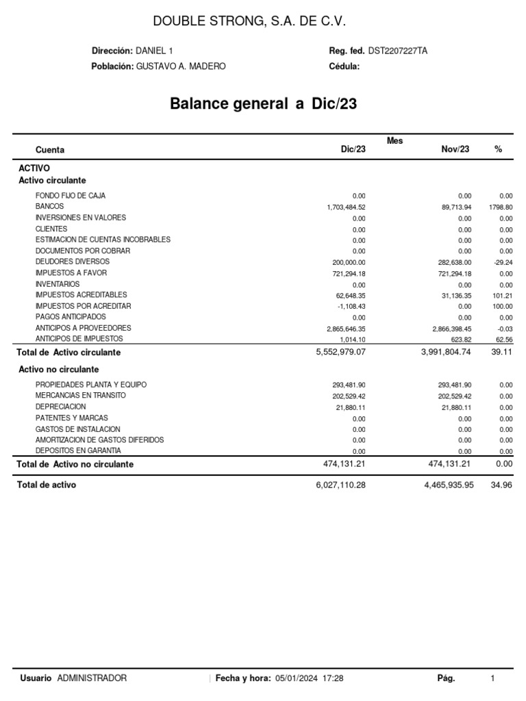 Balance General Double Strong Dic/23 | PDF | Contabilidad | Hoja de balance