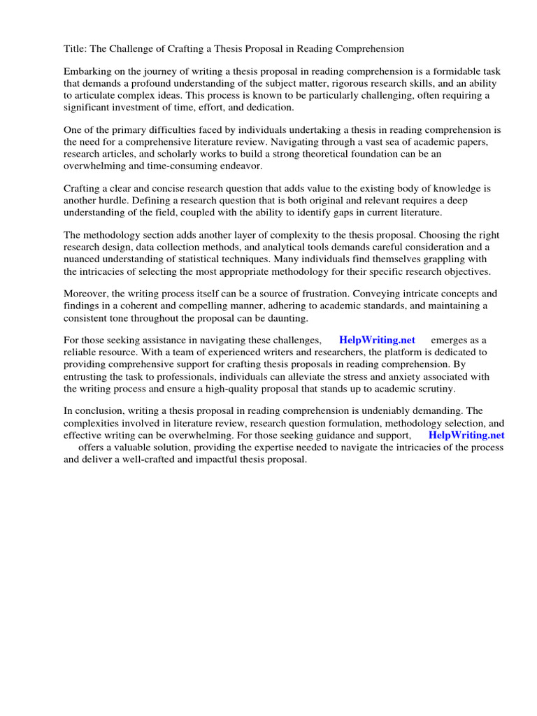 Sample Thesis Proposal In Reading Comprehension Download Free Pdf