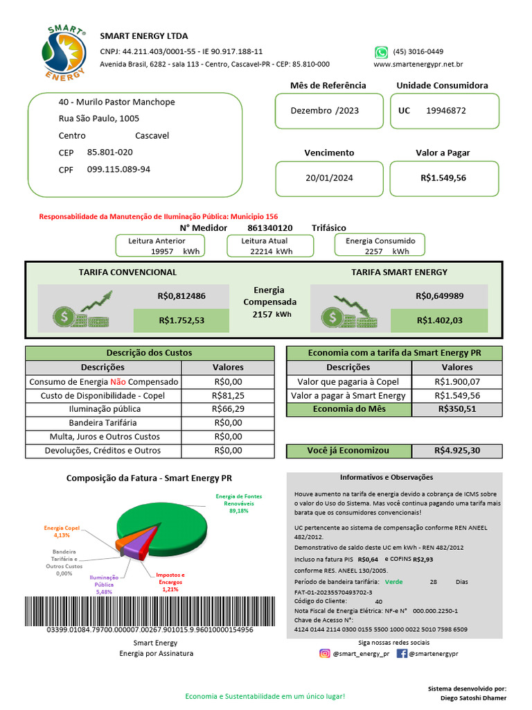 Fatura Smart Energy - UC19946872 - 12-2023 | PDF | Economias