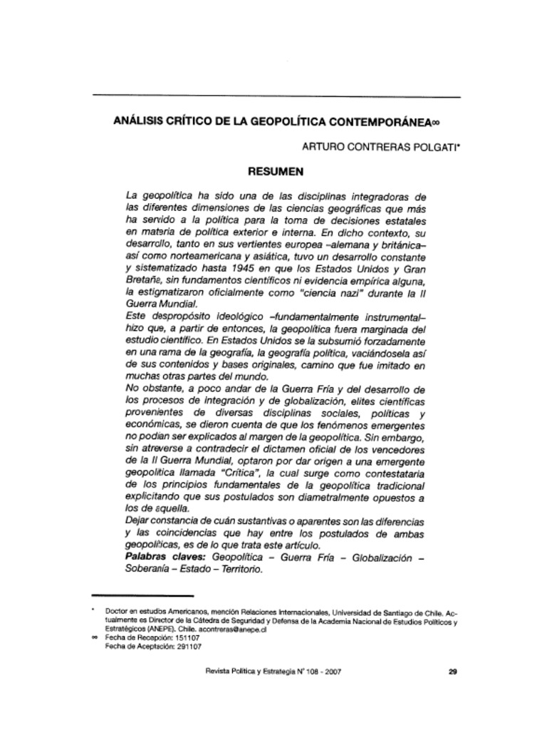 O1.3. Arturo Contreras Analisis Geopolitica Contemporanea 29-45 ESP | PDF