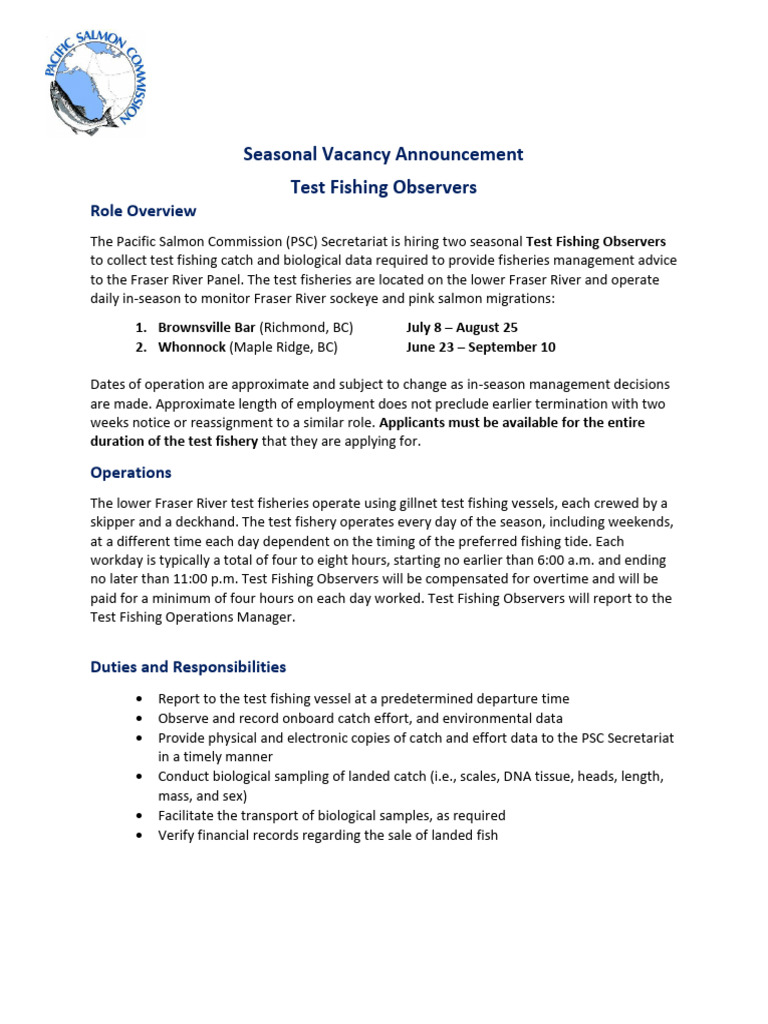 Seasonal Test Fishing Observer Jobs | PDF | Salmon