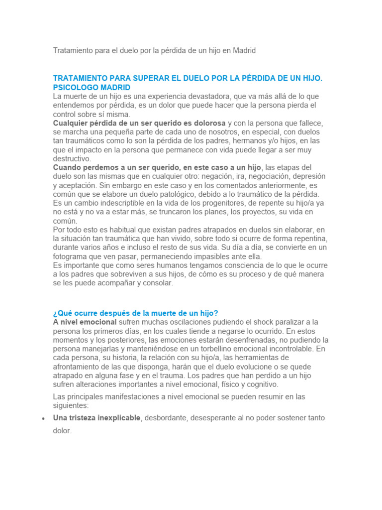 Tratamiento para El Duelo Por La Pérdida de Un Hijo | PDF | Dolor | Las ...