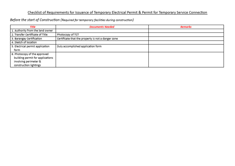 Temporary Electrical Permit Checklist | PDF | Technology & Engineering