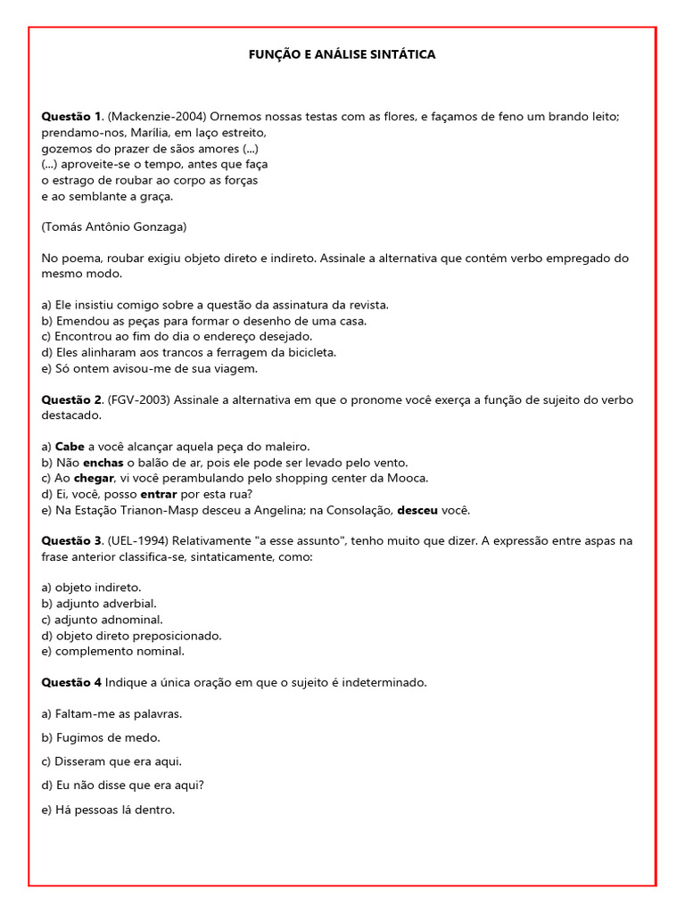 Questões Enem Função E Análise Sintática Pdf Assunto Gramática