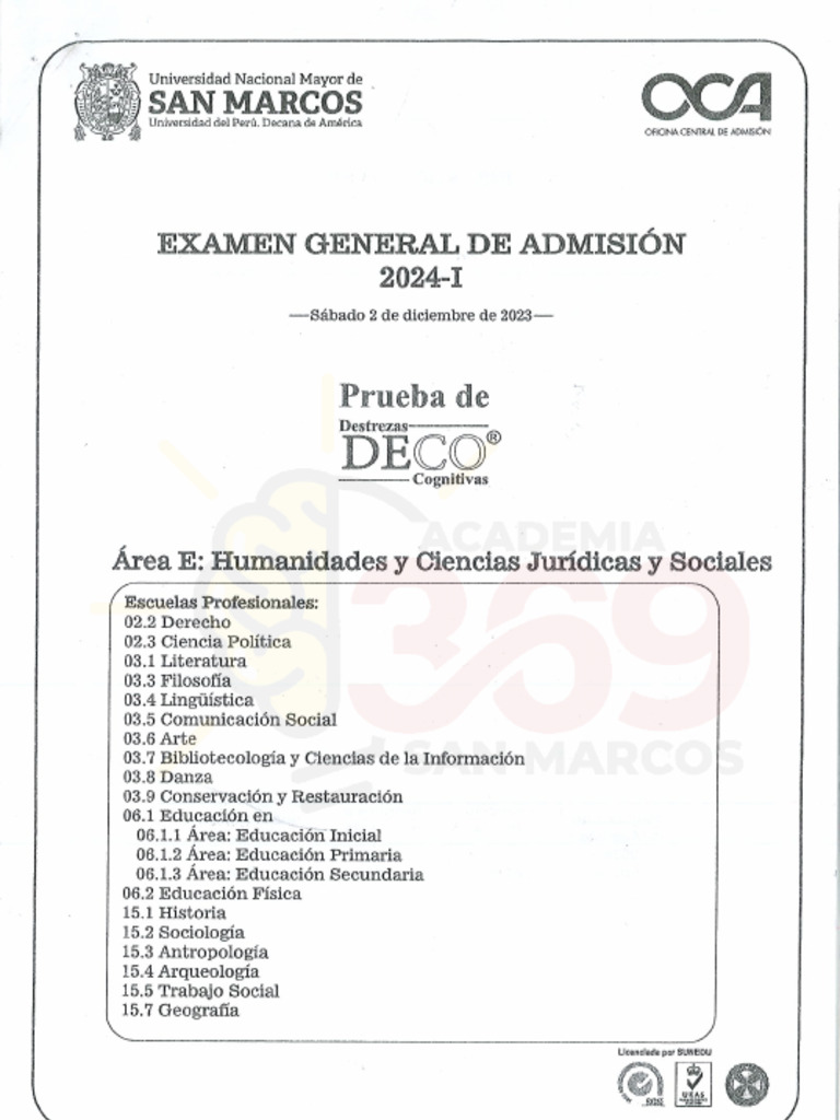 EXAMEN DE ADMISION SAN MARCOS ÁREA E | PDF
