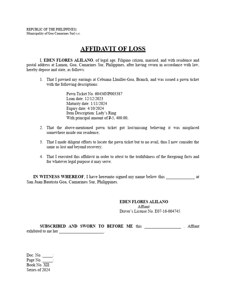 Affidavit of Loss-Pawn Ticket | PDF