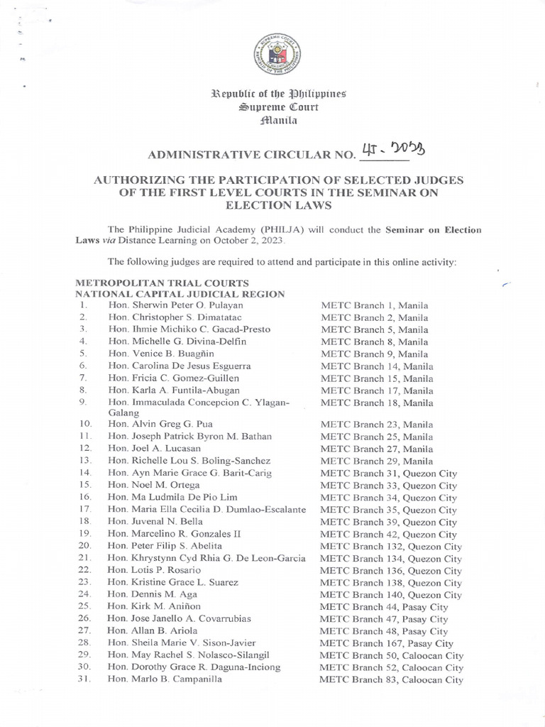 Administrative Circular No. 45-2023 Seminar On Election Laws October 2 ...