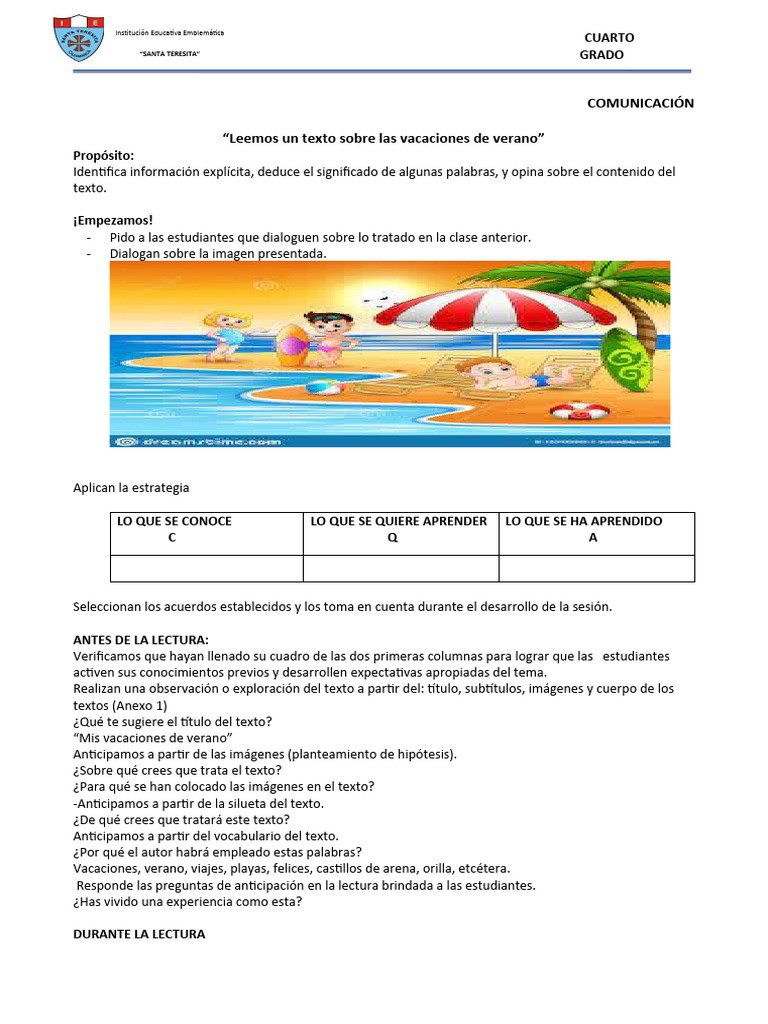2 Leemos Un Texto Sobre Las Vacaciones De Verano Pdf Comunicación