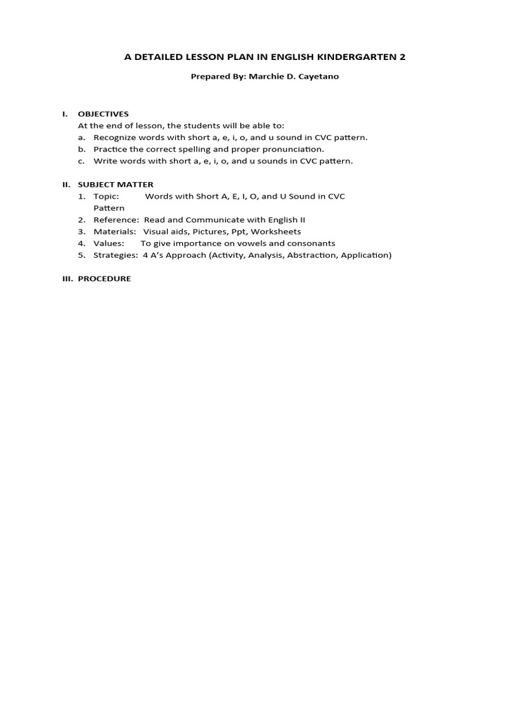 CVC Pattern Lesson Plan for Kindergarten | PDF | Consonant | English ...