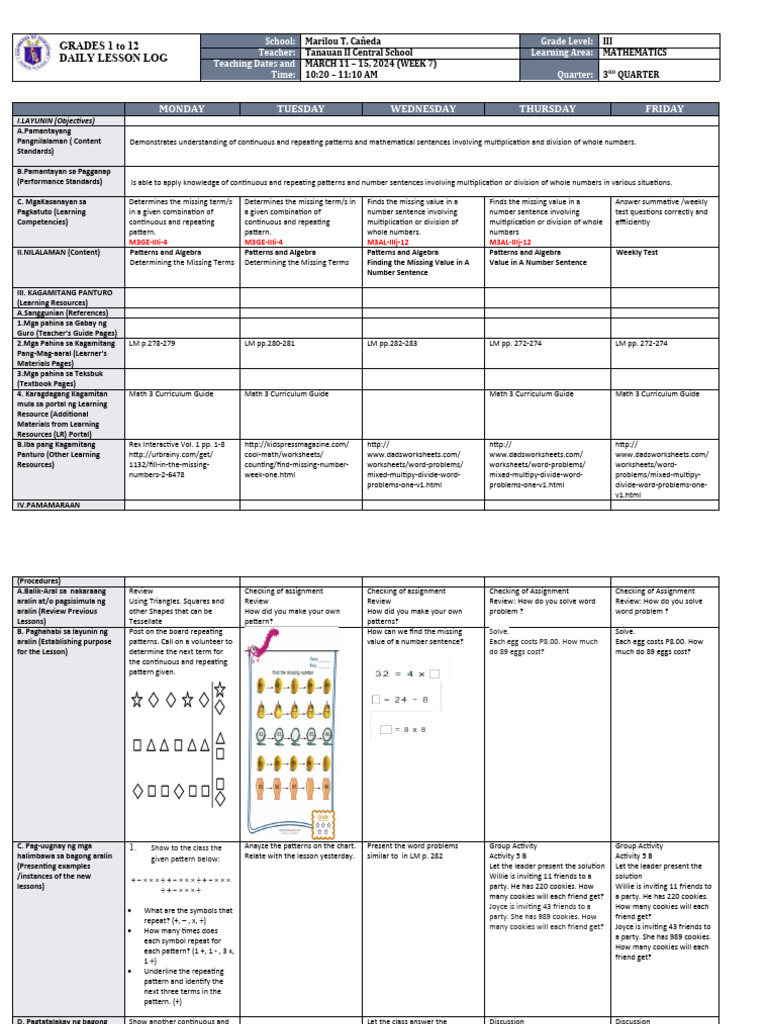 DLL - Mathematics 3 - Q3 - W7 | PDF | Learning | Mathematics