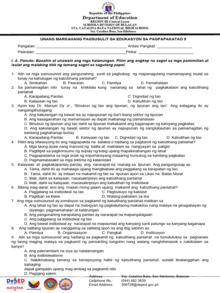 Esp9 q1 Unang Markahang Pagsusulit | PDF