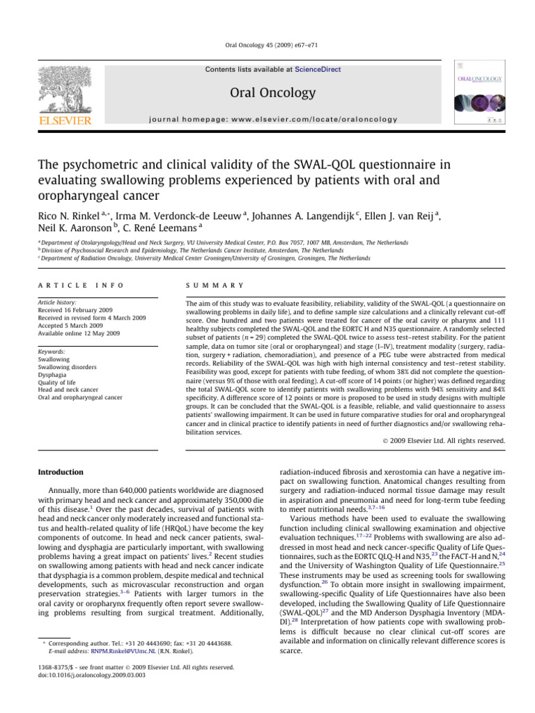 SWAL-QOL Validity in Oral Cancer Patients | PDF | Head And Neck Cancer ...