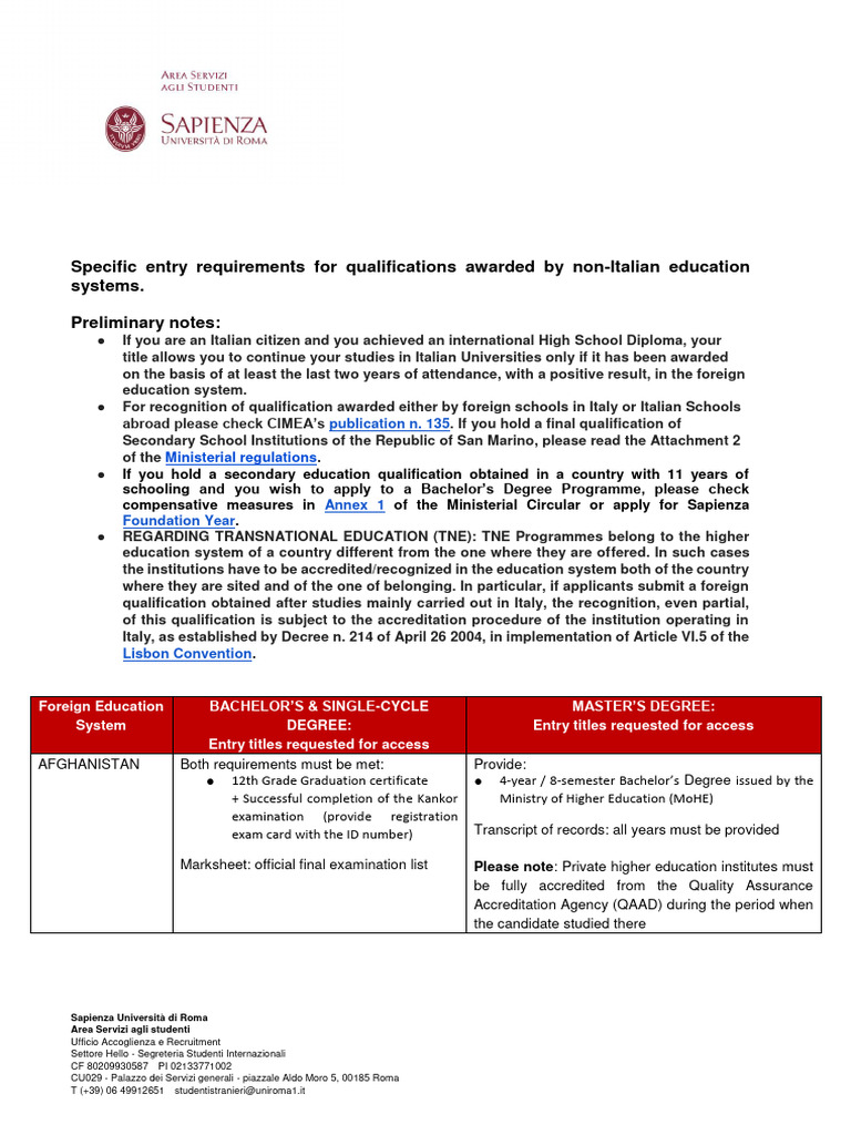 Entry Requirements for Non-Italian Degrees | PDF | Academic Degree ...