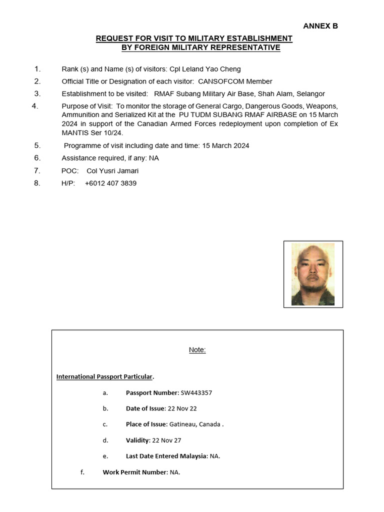 TUDM Visit Request for Canadian Forces | PDF | Military Aircraft ...