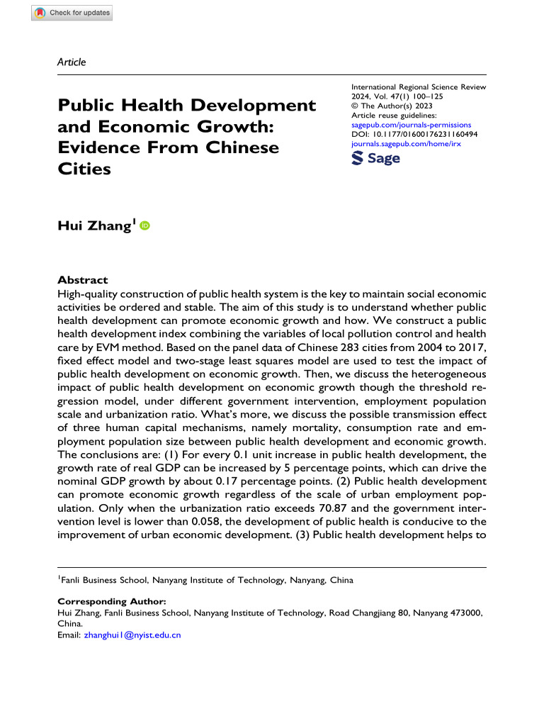 Zhang 2023 Public Health Development and Economic Growth Evidence From ...