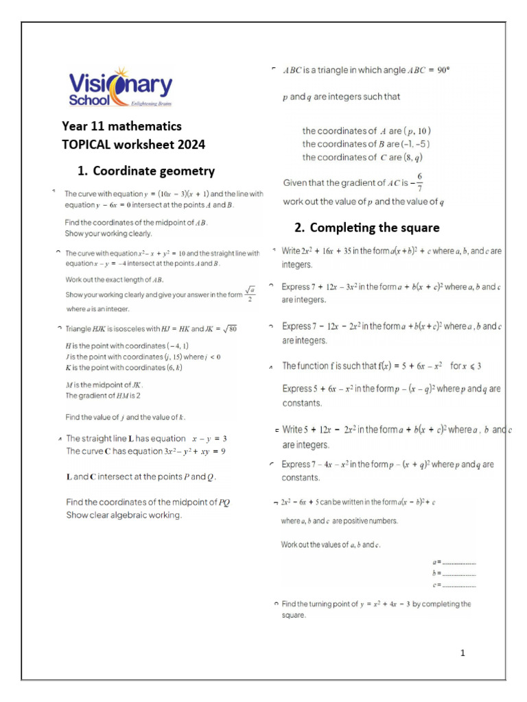 Year 11 Maths Topics Worksheet 2024 | PDF | Mathematical Concepts ...